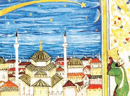 İstanbul üzerinde kadranla yıldızları inceleyen astronom (Minyatür)